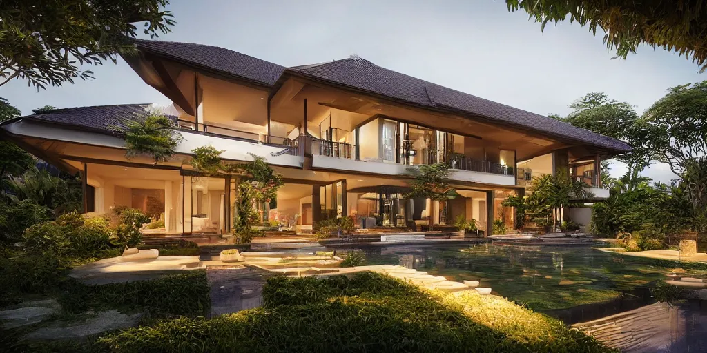 Image similar to 3d rendering of beautiful nature meets architecture concept of a residential house. balinese architecture, volumetric lighting, luxury, high detail, 14mm, cinematic photography, cg architects, high resolution