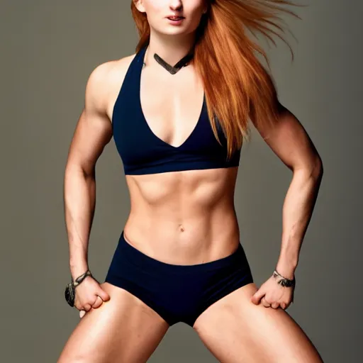 Image similar to muscular sophie turner showing her abs, high resolution, hard light, cnn, afp, reuters