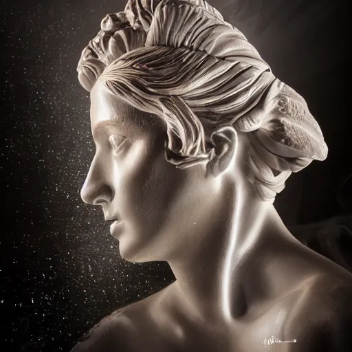 Image similar to sculpture of greek goddess portrait ,drawn in water ,fire,smoke,hyper realistic,photo real, concept art, nebulas trail as she moves highly detailed, hdri, 4k -