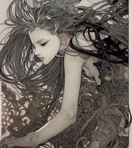 Image similar to yoshitaka amano anime painting, intricate line drawings, pen and ink, alphonse mucha, claire wendling, kentaro miura, ruan jia