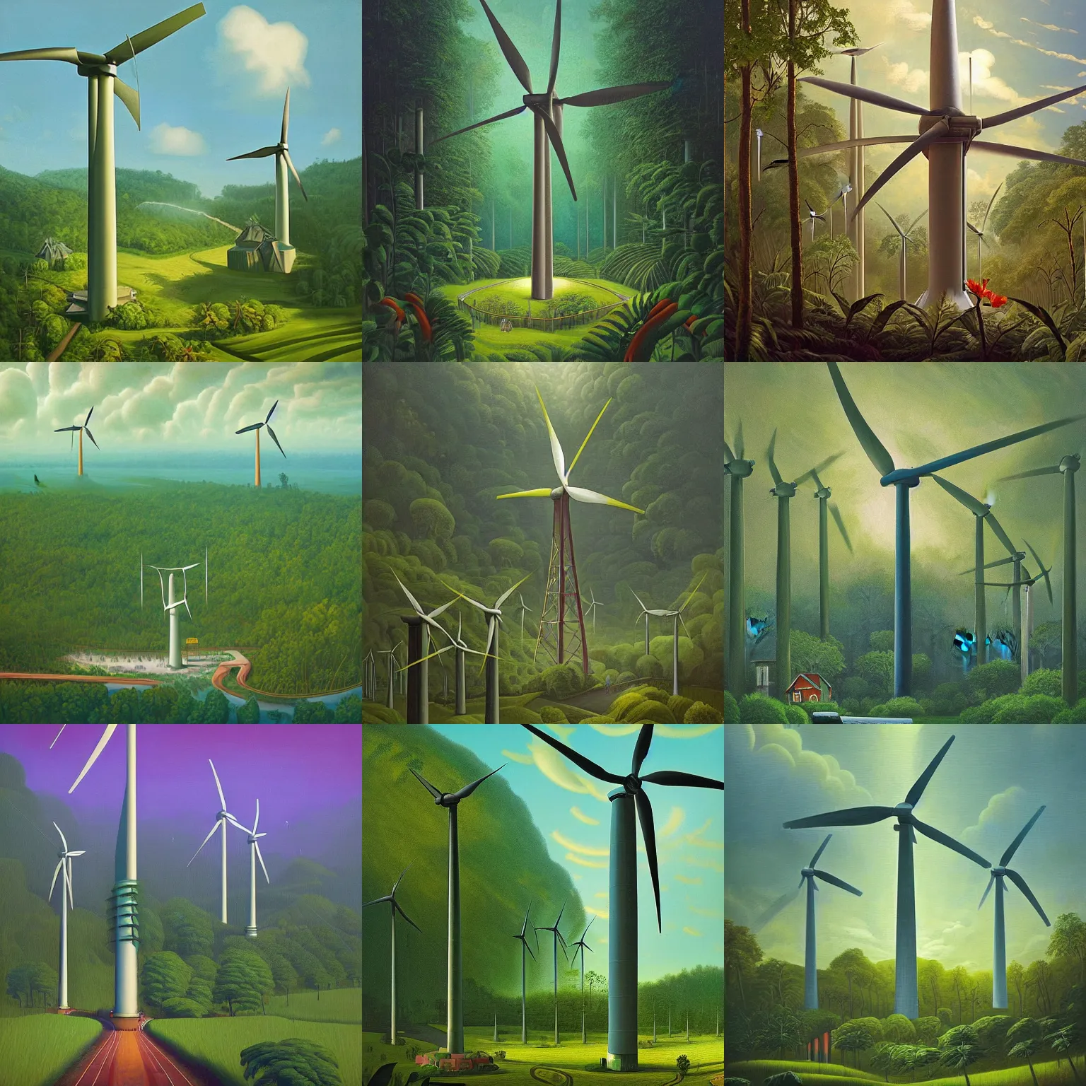 Prompt: A wind turbine power plant in a lush rainforest utopia by Simon Stålenhag and Grant Wood, oil on canvas, heavenly rapture