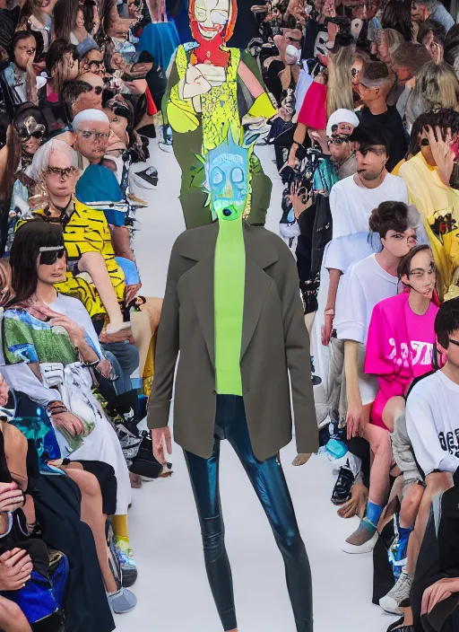 Prompt: hyperrealistic and heavy detailed balenciaga runway show of rick and morty , Leica SL2 50mm, vivid color, high quality, high textured