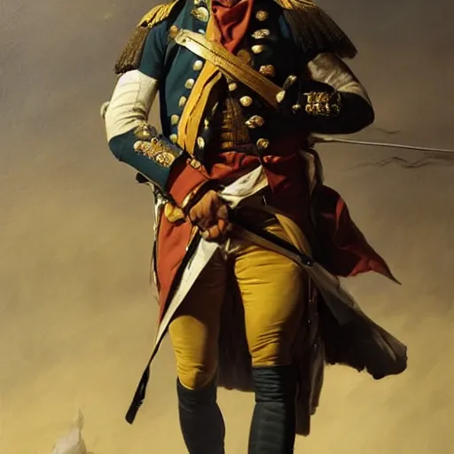 Image similar to a dramatic epic ethereal portrait of a general in French revolutionary wars, 18th century,, full body with dynamic pose, male, detailed face, cinematic lighting, highly detailed oil on canvas painting by Greg Rutkowski, winning-award digital art trending on Artstation H 1024 W 832