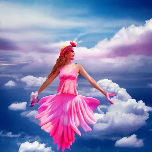 Image similar to goddess wearing a flamingo fashion in the clouds, photoshop, colossal, creative, giant, digital art, photo manipulation, clouds, sky view from the airplane window