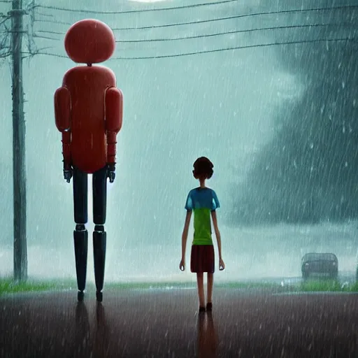 Image similar to a young girl and her tall humanoid robot going on a trip together, near a gas station, raining, detailed, cinematic, cinematic lighting, by Simon Stalenhag