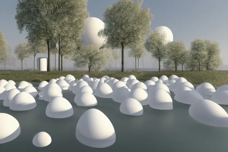 Prompt: 2 0 white round soft egg shaped buildings intersect up and down to form a post - modern building, by pierre bernard, on the calm lake, people's perspective, future, interior wood, dusk, unreal engine highly rendered, global illumination, radial light, internal environment