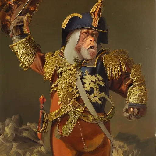 Image similar to An exquisite oil painting of a orangutan dressed like a bearded Napoleon with full military uniform, no frames