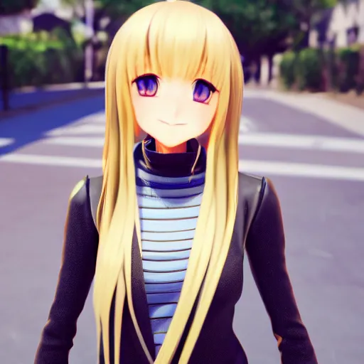 Image similar to a very beautiful 3d anime girl on the street, unreal engine 5 4k render, hazler eyes, cute smile, incredibly high detailed, studio quality, trending on artstation, medium shot, long blonde hair