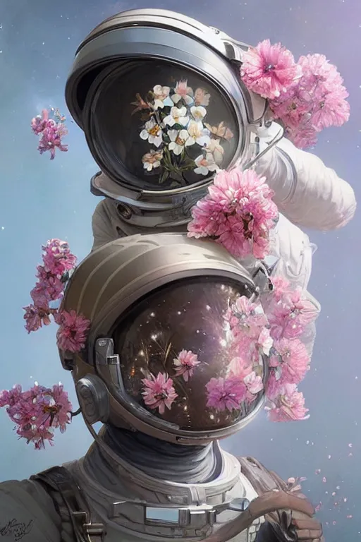 Image similar to ultra realistic illustration, astronaut with flowers blossoming from helmet, elegant, highly detailed, digital painting, concept art, smooth, sharp focus, illustration, art by artgerm and greg rutkowski and alphonse mucha