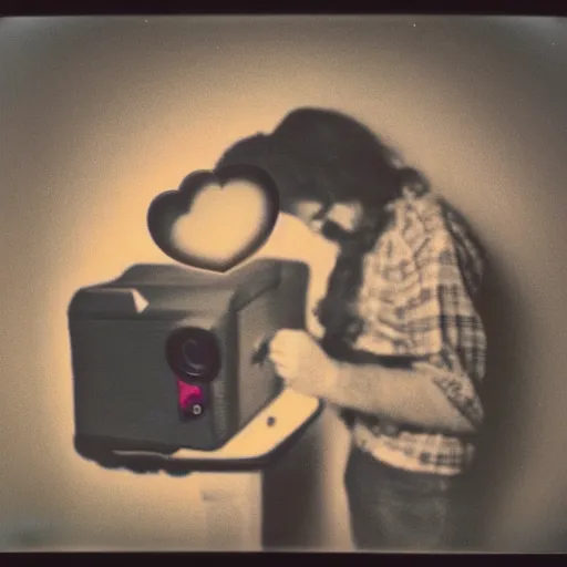 Image similar to a polaroid photograph of a computer in love, by robert crumb, by jim henson, high contrast, soft lighting, surreal, film photography