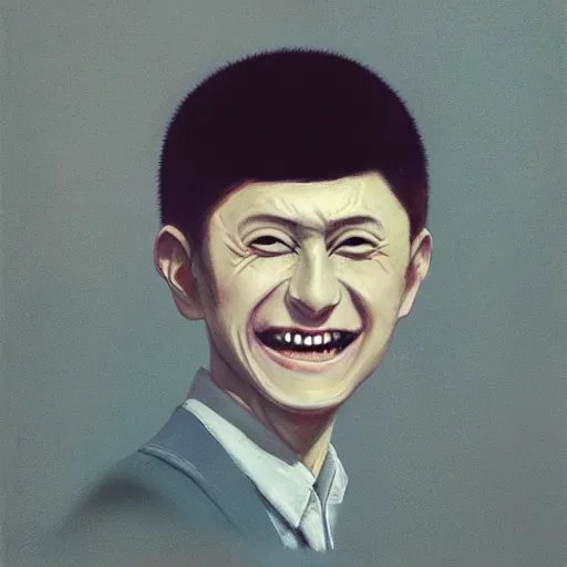 Image similar to hyper realistic, surreal, portrait of mob psycho smiling, shigeo kageyama painted by greg rutkowski, wlop, loish,