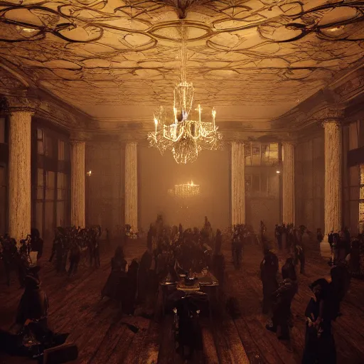 Image similar to A room full of people, vampires, high ceiling, victorian, soft light, ominous, photorealistic, detailed, 8k