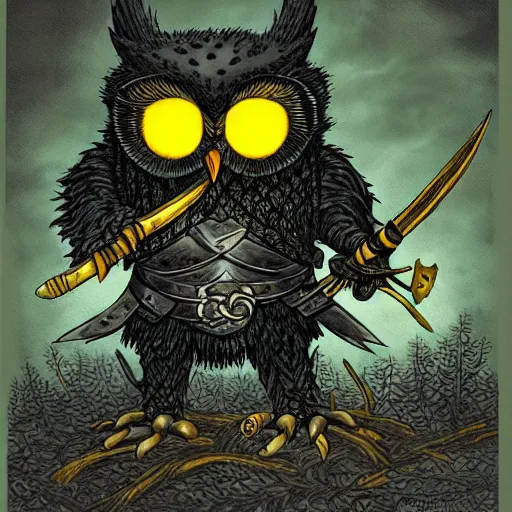 Prompt: Anthropomorphic black owl knight with yellow eyes, holding a large spear, shambling in a forest at night while twisting its head, full body shot, Intricate detail, in the style of Kentaro Miura,