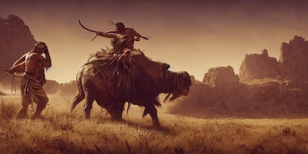 Prompt: an ancient tribesman driving an ancient motorcycle, hunting buffalo ,attacking, chase, action scene, an epic fantasy, dramatic lighting, cinematic, establishing shot, extremely high detail, photorealistic, cinematic lighting, artstation, octane render, by simon stalenhag, horizon forbidden west,old photo, vintage