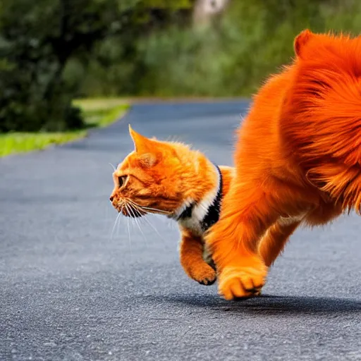 Image similar to a giant orange cat chasing after a little puppy dog