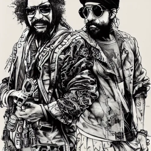 Image similar to portrait of cheech and chong, concept art, sumi - e style, intricate linework, artstation, trending, highly detailed, smooth, focus, art by yoji shinkawa,