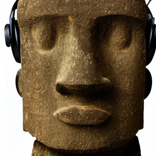 Image similar to a high detail photo of a moai wearing headphones