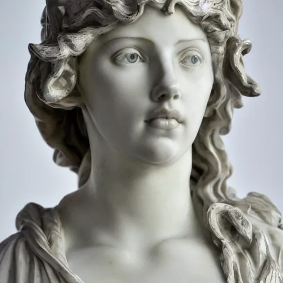Image similar to a white art nouveau marble sculptural bust of a worried young scarlett johansson as joan of arc, with silver plate armor, delicate, intricate, smooth, beautiful, by charles van der stappen