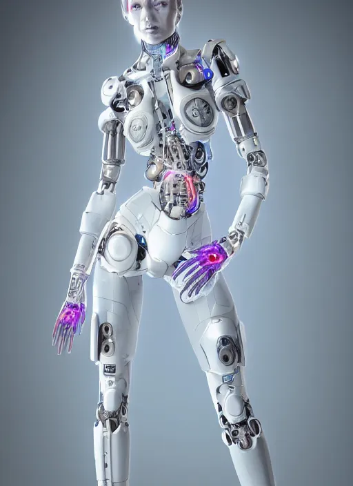 Prompt: photorealistic detailed full body picture of a female cyborg, pretty face with arms and legs, glamour pose, neon lights, white suit, humanoid, extreme, uhdr, book called the most influental cyborg in 2 0 5 0, fine details, highly detailed, intricate, smooth sharp focus
