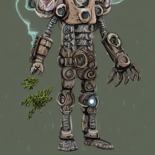 Prompt: warforged druid, elemental, data, seeds, trees, crystals, galaxy backdroup
