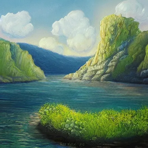 Prompt: painting of a lush natural scene on an alien planet by emma webster. beautiful landscape. weird vegetation. cliffs and water.