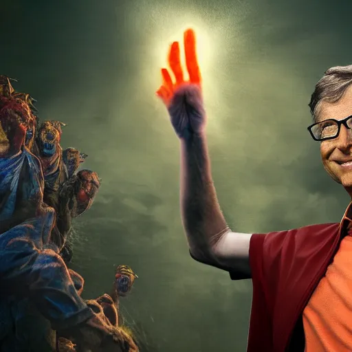 Image similar to bill gates fights demons, highly detailed, 8 k, masterpiece, super resolution.