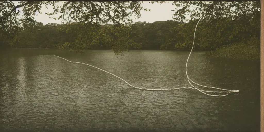 Prompt: symmetrical photograph of a very long rope on the surface of the water, the rope is snaking from the foreground towards the center of the lake, a dark lake on a cloudy day, trees in the background, moody scene, dreamy kodak color stock, anamorphic lens