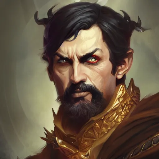 Image similar to sinister sultan, D&D, painted fantasy character portrait, highly detailed, digital painting, artstation, concept art, sharp focus, illustration, art by artgerm and greg rutkowski and alphonse mucha