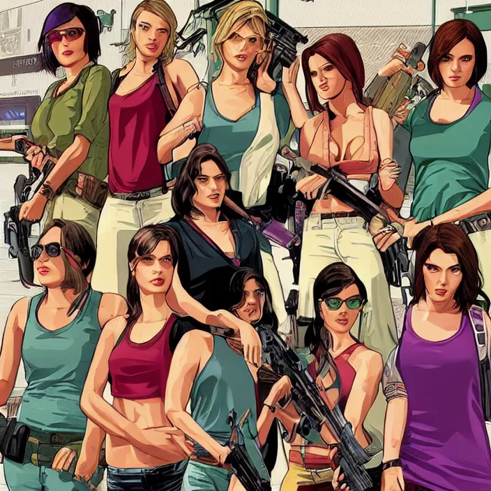 Image similar to female protagonists in gta, cover art by stephen bliss, boxart