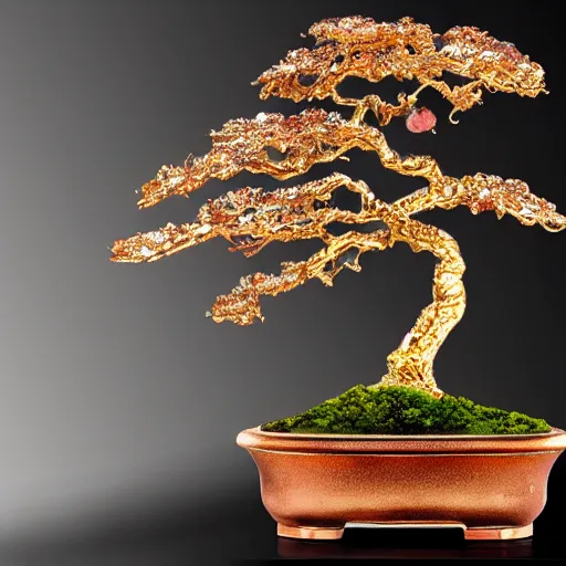 Image similar to aesthetic golden bonsai with raw gems as leaf and gothic ornaments, gems, rose gold, 8 k, details, studio lighting, realism, complex lights