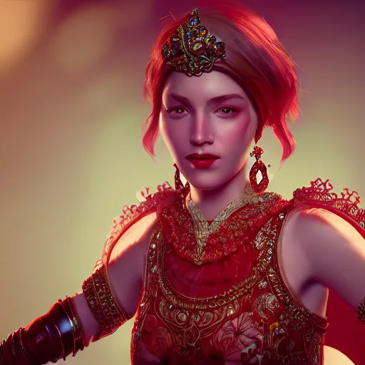 Prompt: portrait of wonderful princess of ruby with fair skin, ornate 8 k gorgeous intricate detailed, red accent lighting, dramatic light, octane render