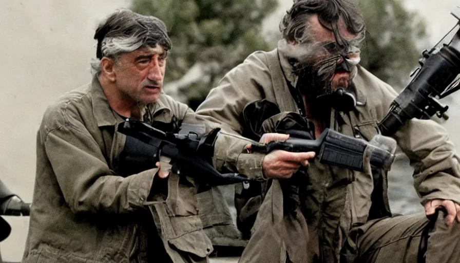 Prompt: Robert De Niro fires M16, movie still, sharp, highly detailed, hollywood movie