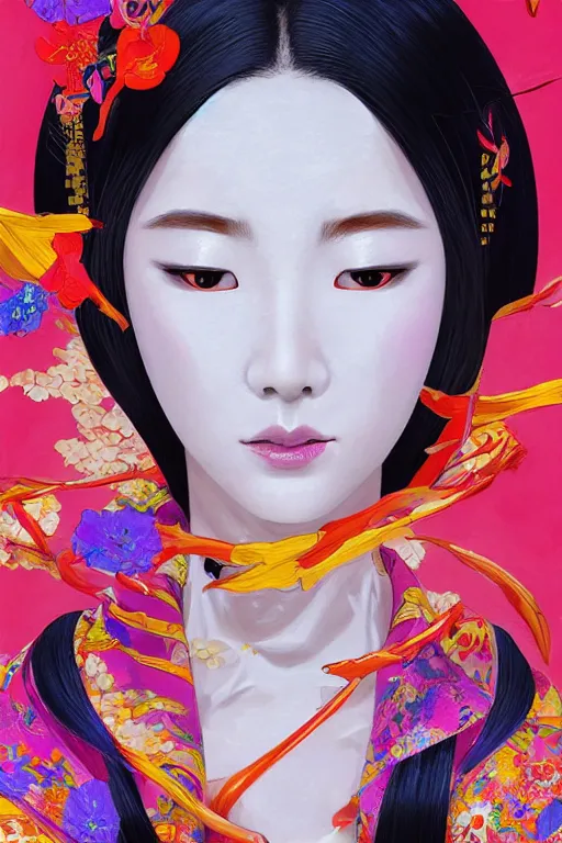 Image similar to a professional painting of a beautiful Japanese Geisha girl, in brightly colored kimono, long dark hair, beautiful bone structure, symmetrical facial features, intricate, elegant, digital painting, concept art, smooth, sharp focus, illustration, from StarCraft by Ruan Jia and Mandy Jurgens and Artgerm and William-Adolphe Bouguerea