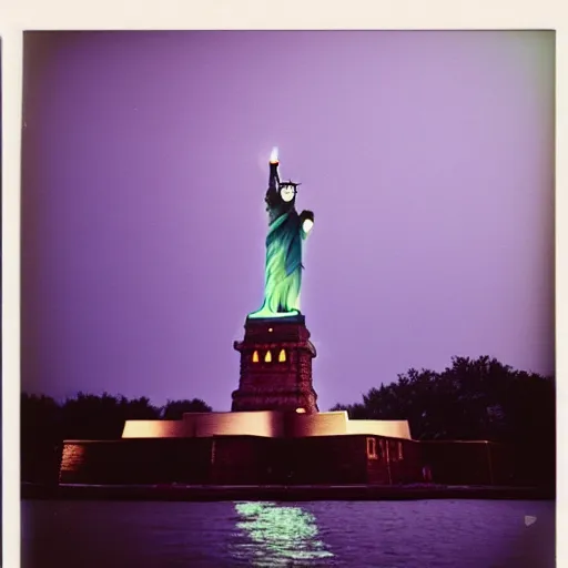 Prompt: polaroid photo of the statue of liberty being struck by lightning on a rainy day