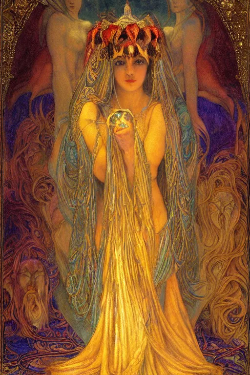 Prompt: queen of twilight with her lantern, by jean delville and Annie Swynnerton and Diego Rivera and Gaston Bussière and Tino Rodriguez , elaborate headdress and embroidered velvet, iridescent beetles, rich color, dramatic cinematic lighting, extremely detailed