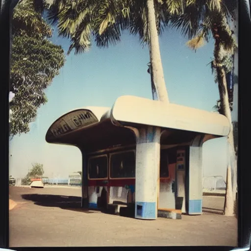 Prompt: old polaroid of futuristic african bus stops