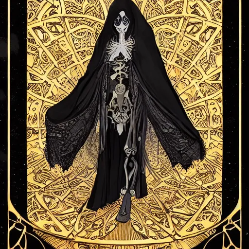 Image similar to a skeleton in a black cloak, highly detailed, very intricate, art nouveau, gold filigree, tarot concept art watercolor illustration by mandy jurgens and alphonse mucha and alena aenami, featured on artstation