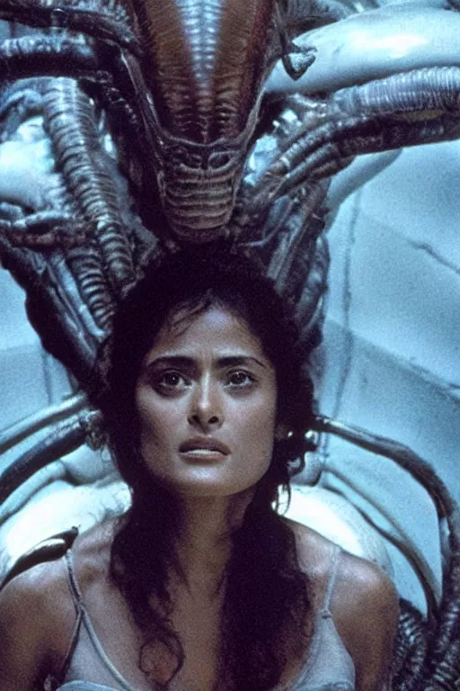 Image similar to film still of salma hayek in the movie Alien, xenomorph mounted on her, cinematic shot, scary, fear emotions, ambient lighting 4k.