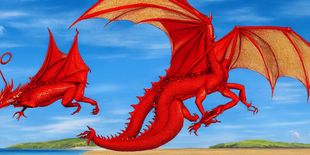 Prompt: a red dragon on charmouth beach with golden cap in the background, highly detailed, hyper realistic, HD wallpaper, 4k, photorealistic