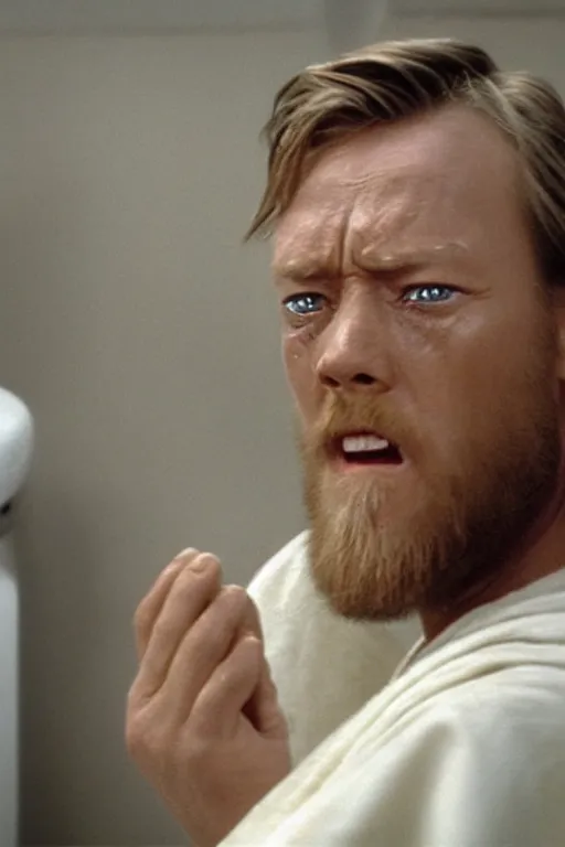 Prompt: Obi-Wan crying with a look of anguish on the toilet after realising there's no more toilet paper