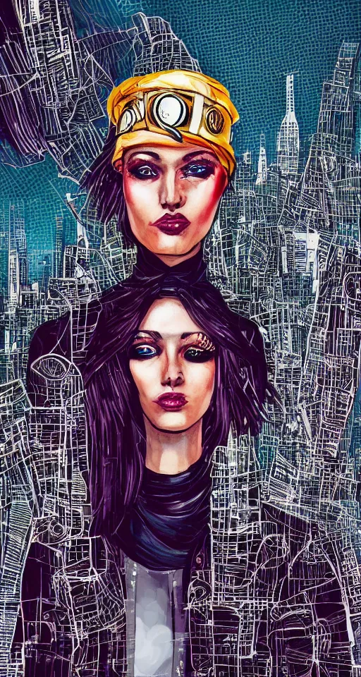 Prompt: cypherpunk high priestess fashion illustration, camera face, city street background with high tall buildings, kodachrome, abstract portrait highly detailed, finely detailed