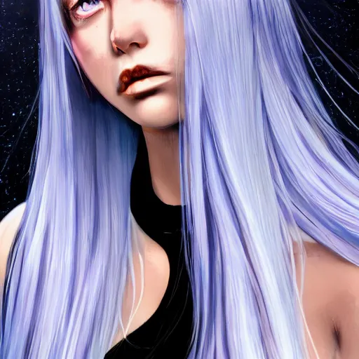 Image similar to full face shot of rimuru tempest, sky blue straight hair, long bangs, with amber eyes, wearing a black jacket, high collar, ultra detailed, concept art, award winning photography, digital painting, cinematic, wlop artstation, closeup, pixiv, evil, yoshitaka amano, andy warhol, ilya kuvshinov,