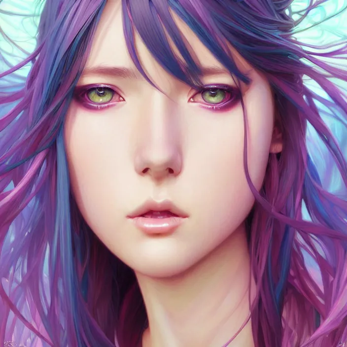 Image similar to portrait of beautiful symmetrical anime girl, rainbow hair, attractive, casual, modern, victoria's secret, highly detailed, digital painting, artstation, concept art, smooth, sharp focus, illustration, art by moebius artgerm, greg rutkowski and alphonse mucha, 8 k,