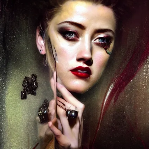 Prompt: hyperrealistic portrait of a woman as amber heard as a vampire witch tears makeup dramatic in a black flower coat reflection in a stone mirror portrait cracks with falling petals. by jeremy mann and alphonse mucha, fantasy art, photo realistic, dynamic lighting, artstation, poster, volumetric lighting, very detailed faces, 4 k, award winning