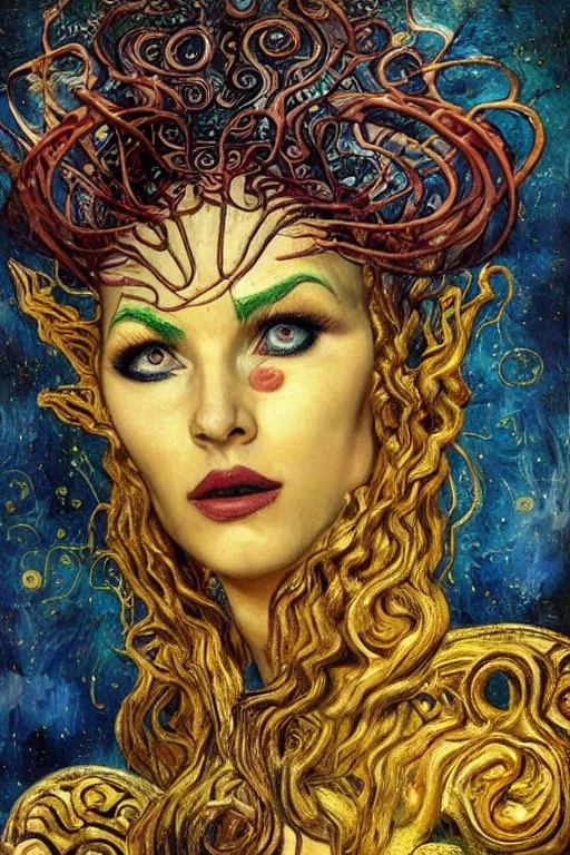 Prompt: Intermittent Chance of Chaos Muse by Karol Bak, Jean Deville, Gustav Klimt, and Vincent Van Gogh, trickster, enigma, Loki's Pet Project, destiny, Poe's Angel, whimsical, Surreality, creativity, inspiration, muse, otherworldly, fractal structures, arcane, ornate gilded medieval icon, third eye, spirals