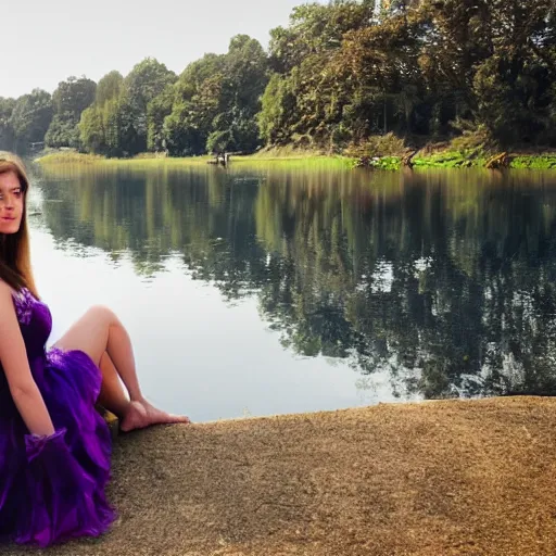 Image similar to elegant princess sitting by a lake, purple eyes, realistic, 8 k, award winning photography