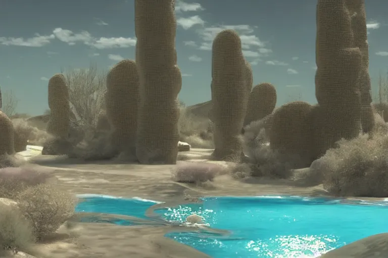 Image similar to desert oasis in a translucent aqua casing electronic environment, ps 3 screenshot, still from a kiyoshi kurosawa movie