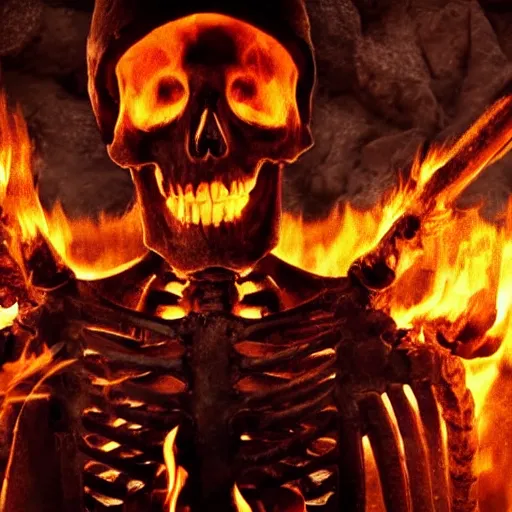 Prompt: totally badass skeleton on fire in a cave holding huge sword found footage 4k