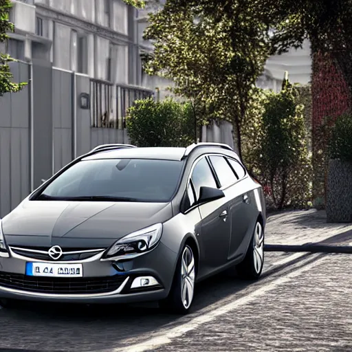Prompt: photo of a dark grey 2012 opel astra sports tourer parked on a street corner, photorealistic, detailed, 4k