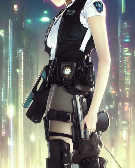 Image similar to anime key visual of a young female police officer, neon, cyberpunk, futuristic, white clothing, black vest, stunning, highly detailed, digital painting, artstation, smooth, soft focus, illustration, art by artgerm and greg rutkowski and alphonse mucha